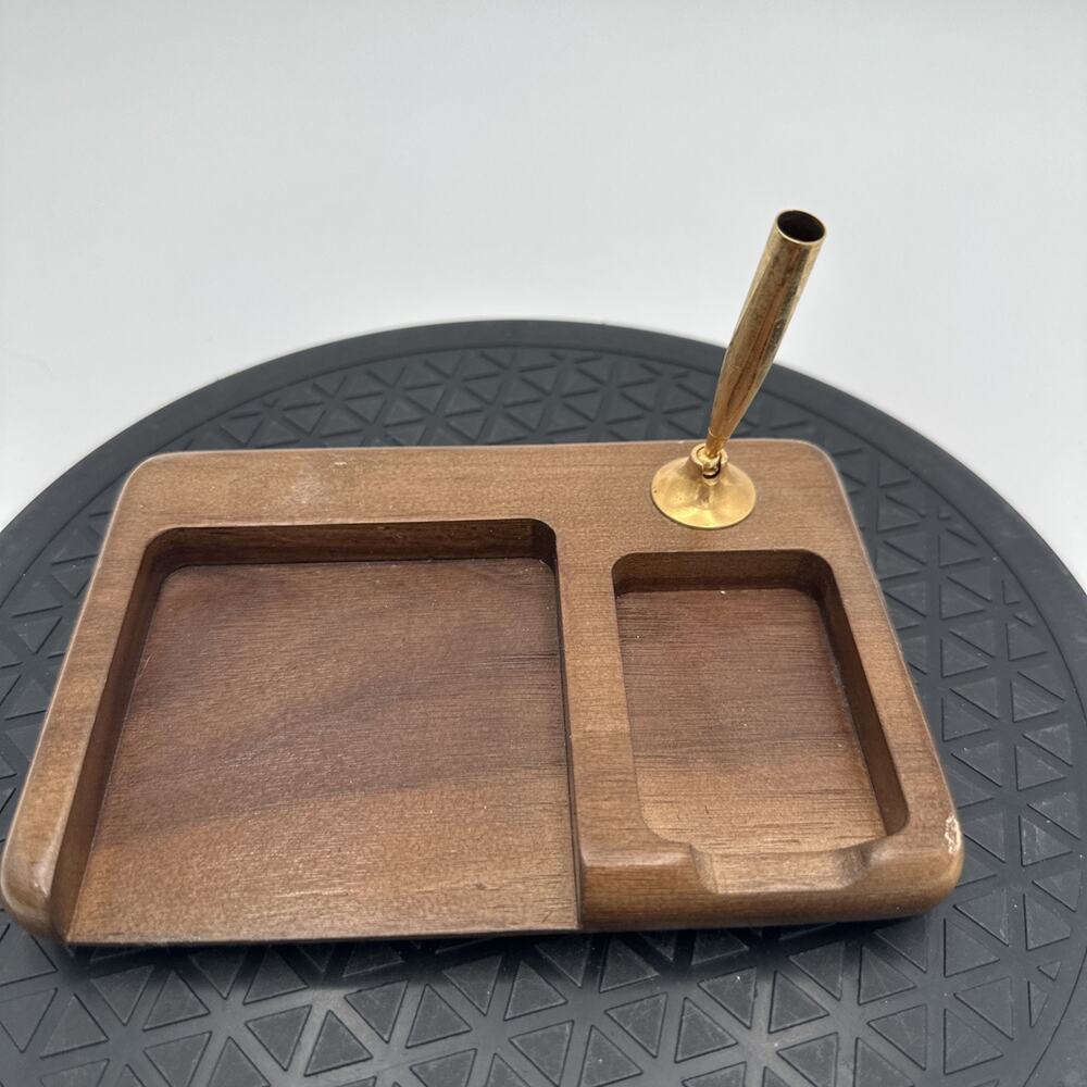 Vintage Wood / Brass Desk Organizer Pen Holder Taiwan